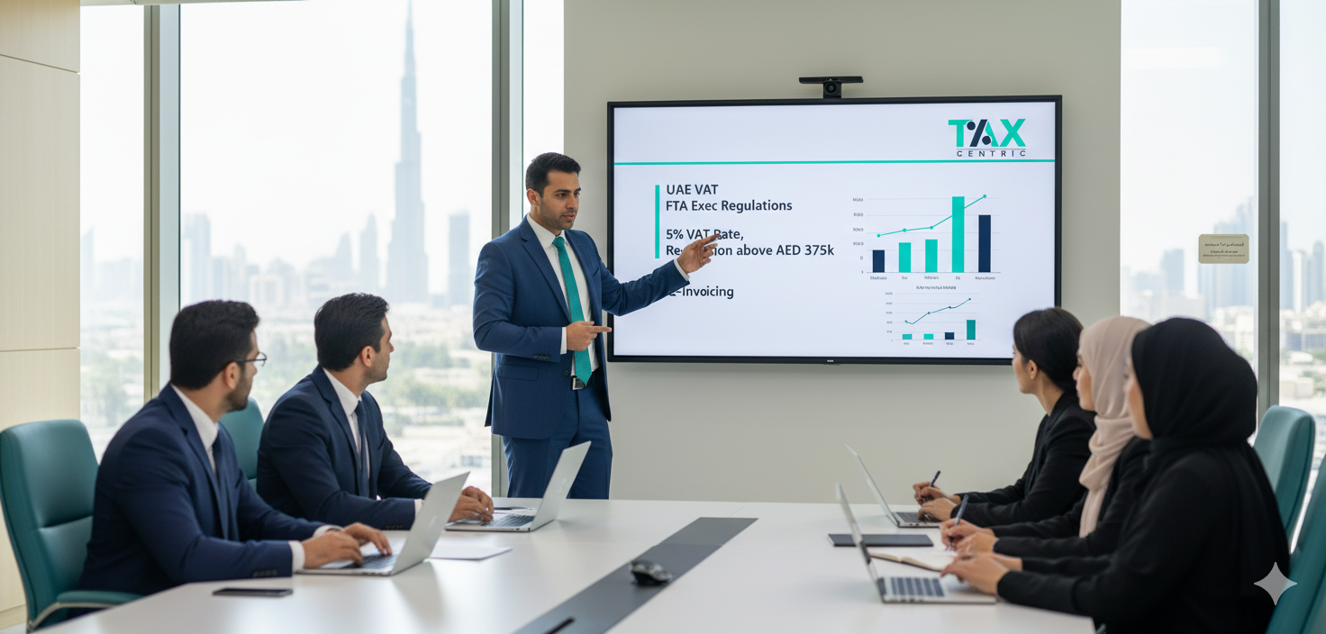 Recorded UAE VAT training shown on a laptop, student taking notes
