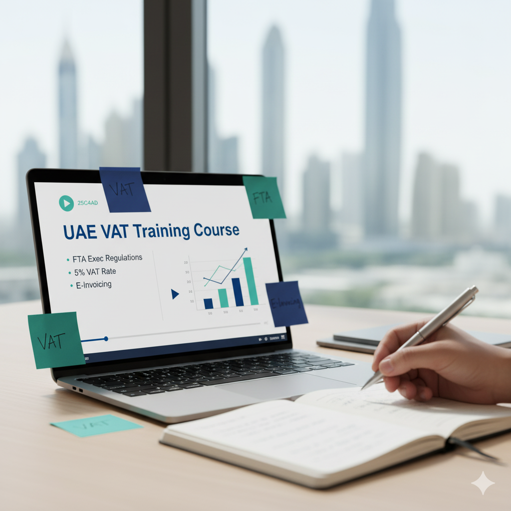 Recorded UAE VAT training on a laptop with a learner taking notes