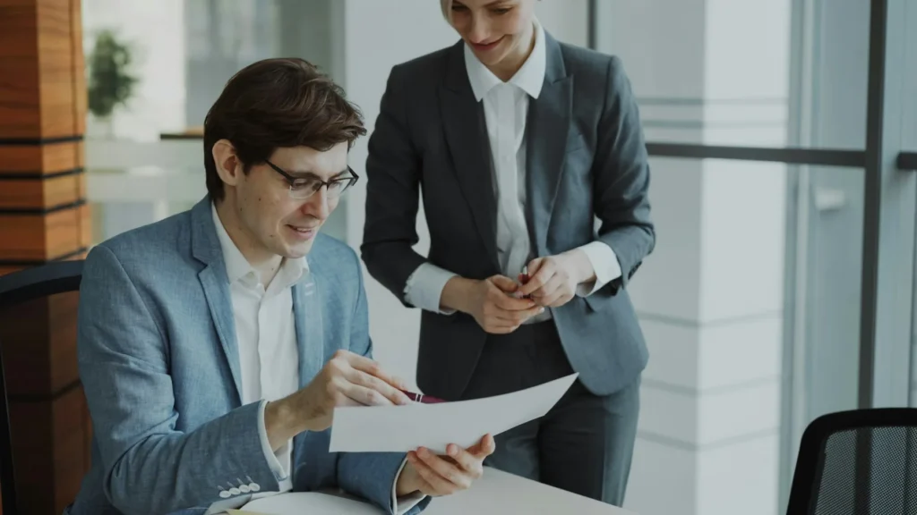Two business professionals reviewing a printed report